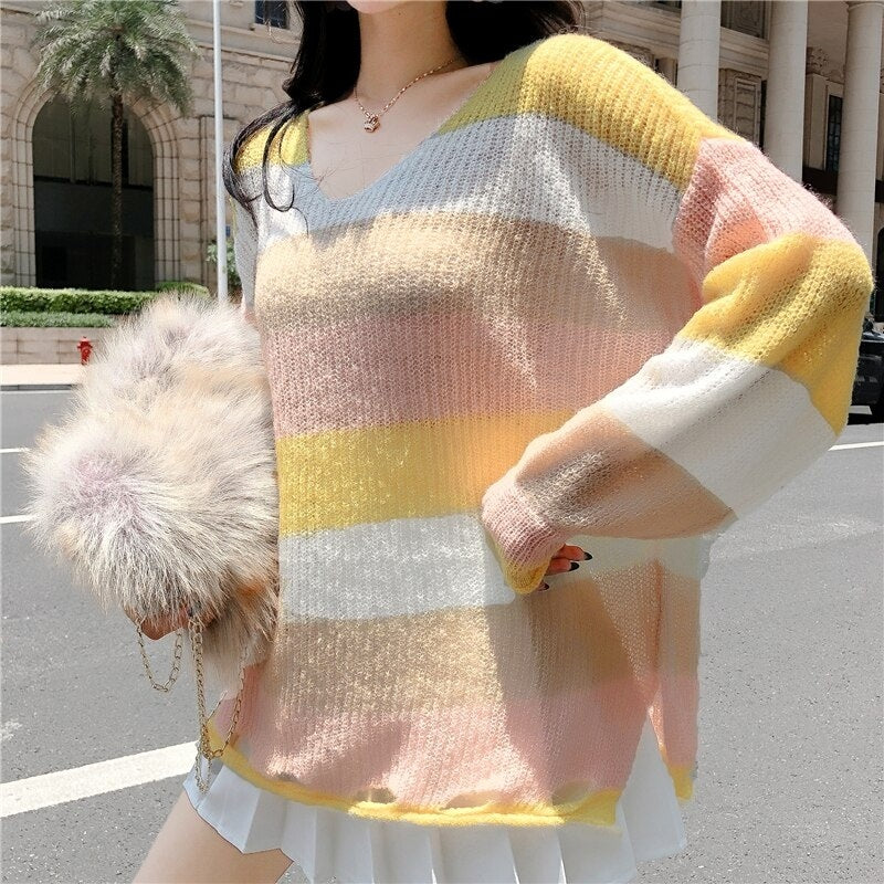 V-Neck Long-Sleeved Knitted Color Striped Sweater