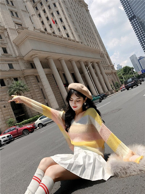 V-Neck Long-Sleeved Knitted Color Striped Sweater