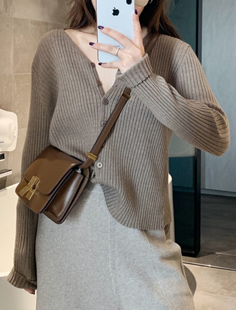 V Neck Solid Long Sleeve Sweaters Cardigans