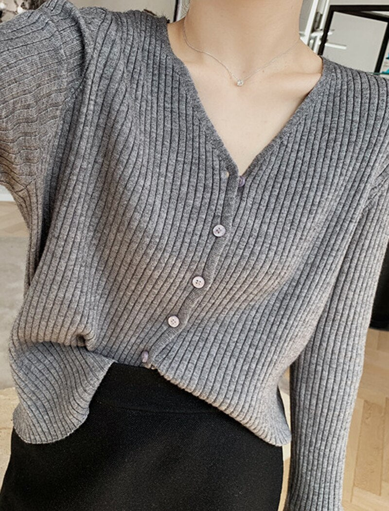 V Neck Solid Long Sleeve Sweaters Cardigans