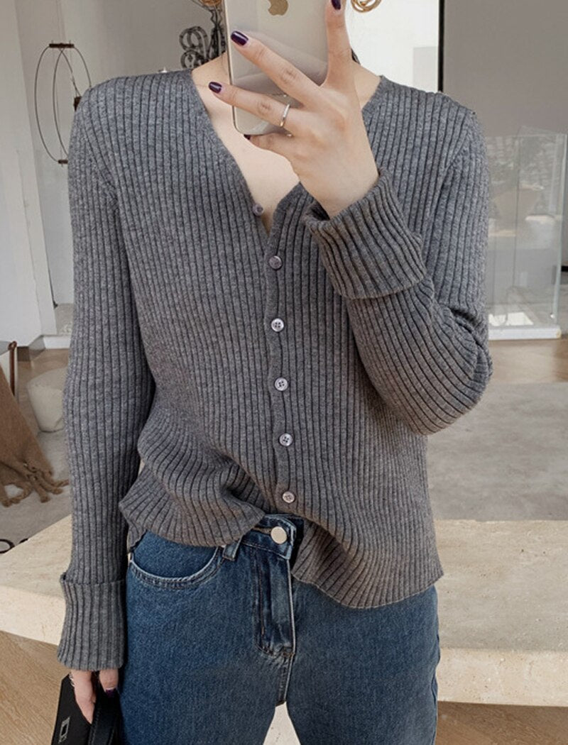 V Neck Solid Long Sleeve Sweaters Cardigans