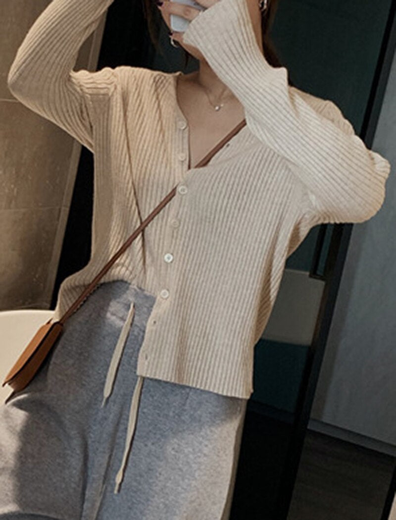 V Neck Solid Long Sleeve Sweaters Cardigans
