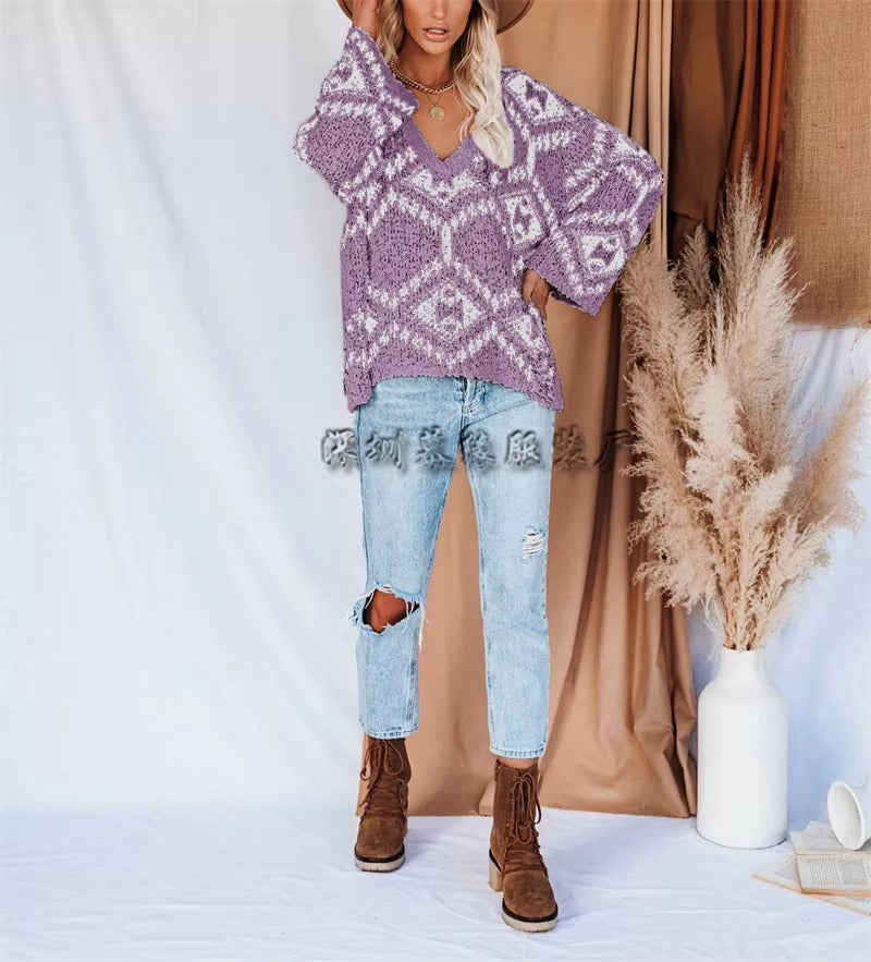 Vintage V-neck Thick Pullovers Cross Jacquard Jumpers Knitted Sweater