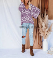 Vintage V-neck Thick Pullovers Cross Jacquard Jumpers Knitted Sweater