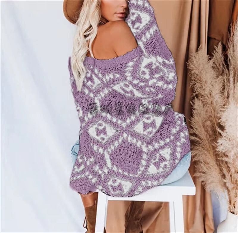 Vintage V-neck Thick Pullovers Cross Jacquard Jumpers Knitted Sweater