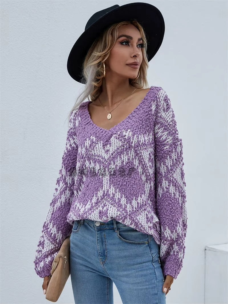 Vintage V-neck Thick Pullovers Cross Jacquard Jumpers Knitted Sweater