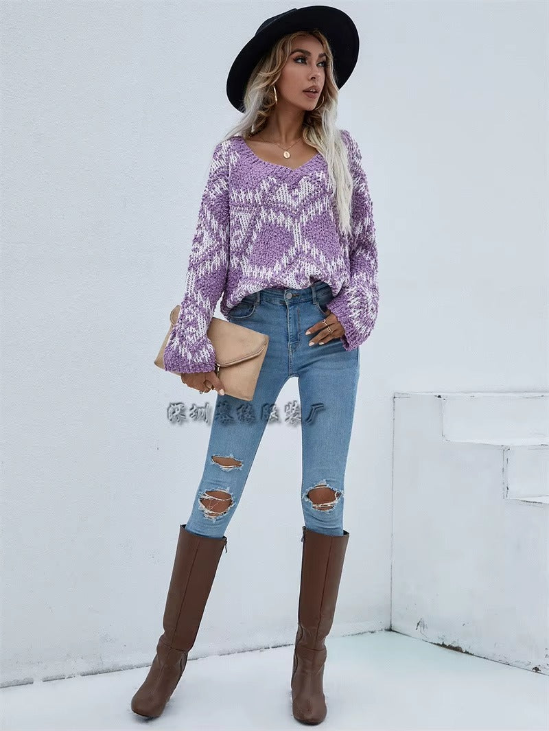 Vintage V-neck Thick Pullovers Cross Jacquard Jumpers Knitted Sweater