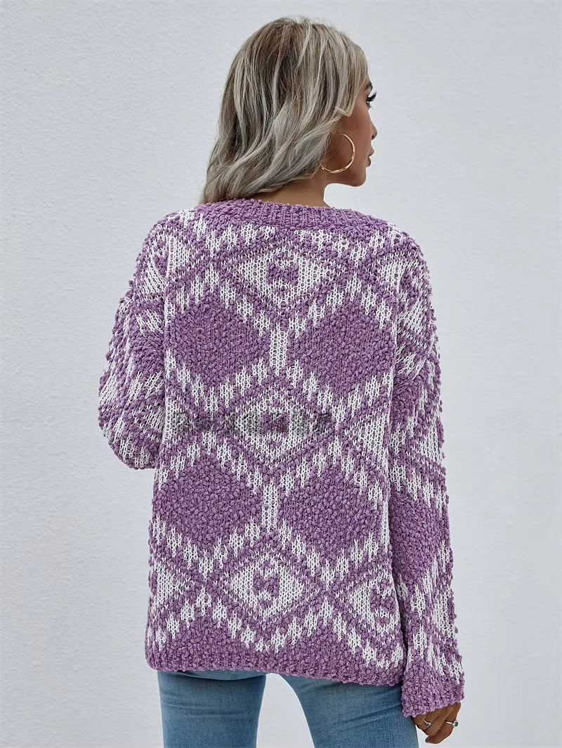 Vintage V-neck Thick Pullovers Cross Jacquard Jumpers Knitted Sweater