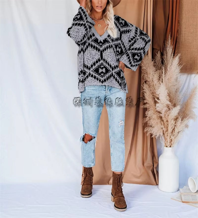 Vintage V-neck Thick Pullovers Cross Jacquard Jumpers Knitted Sweater