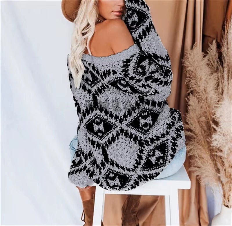 Vintage V-neck Thick Pullovers Cross Jacquard Jumpers Knitted Sweater
