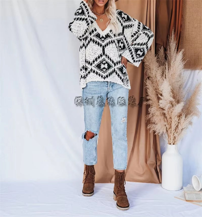 Vintage V-neck Thick Pullovers Cross Jacquard Jumpers Knitted Sweater