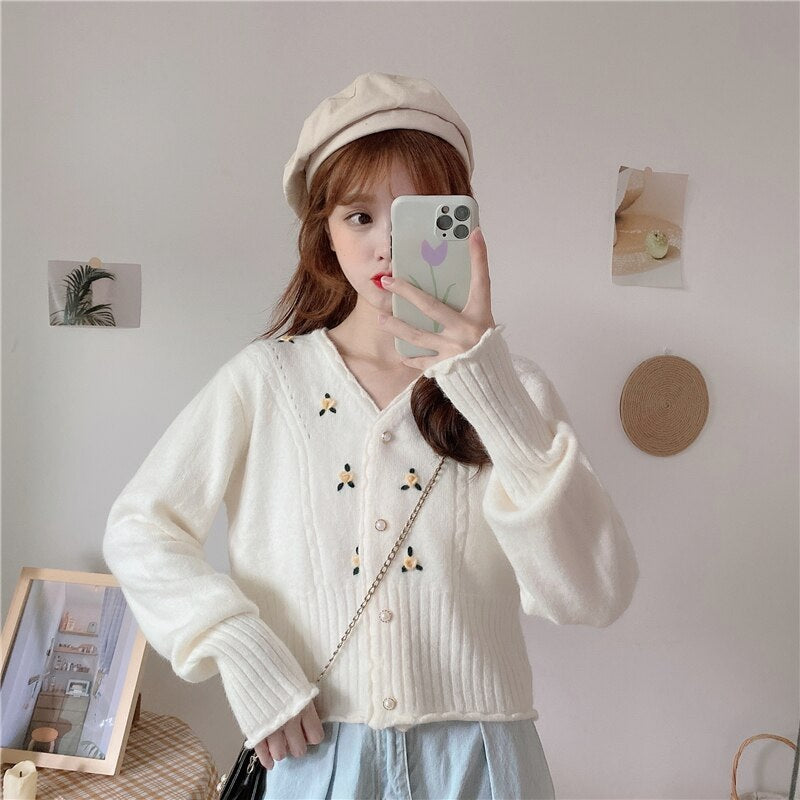 V-neck loose embroidery long-sleeved sweater