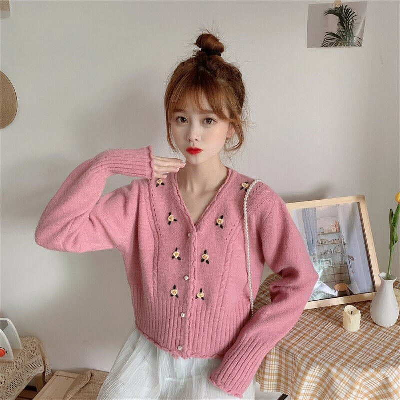 V-neck loose embroidery long-sleeved sweater