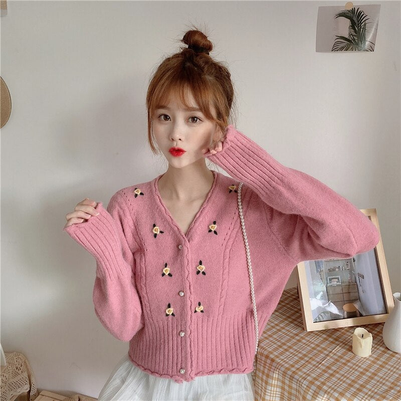 V-neck loose embroidery long-sleeved sweater