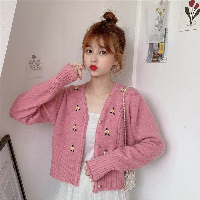 V-neck loose embroidery long-sleeved sweater