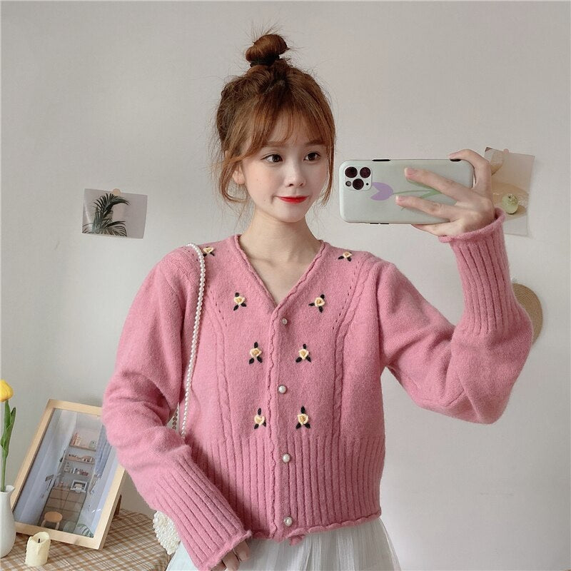 V-neck loose embroidery long-sleeved sweater
