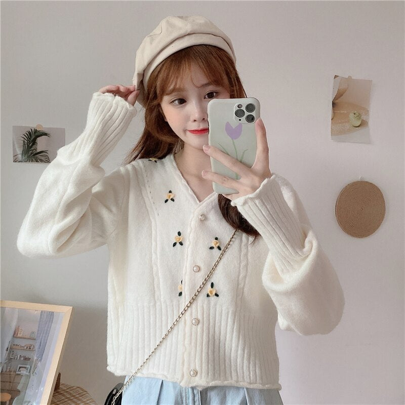 V-neck loose embroidery long-sleeved sweater