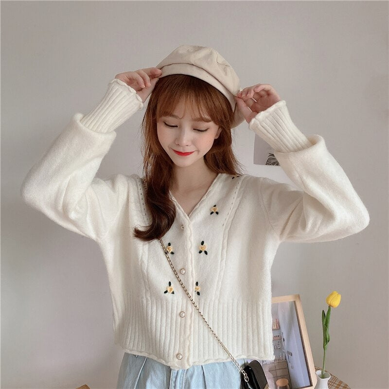V-neck loose embroidery long-sleeved sweater