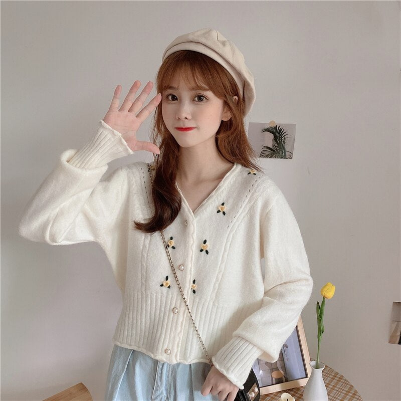 V-neck loose embroidery long-sleeved sweater