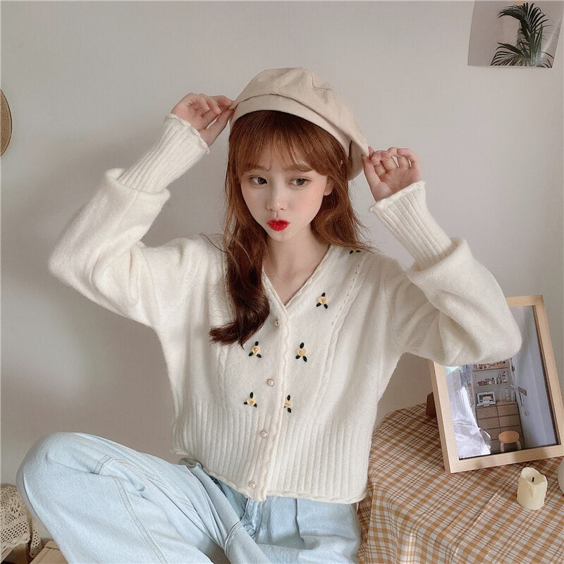 V-neck loose embroidery long-sleeved sweater