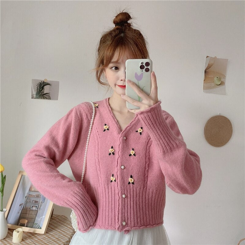 V-neck loose embroidery long-sleeved sweater