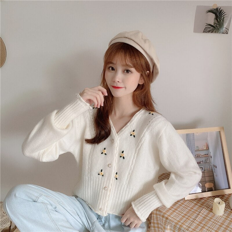 V-neck loose embroidery long-sleeved sweater