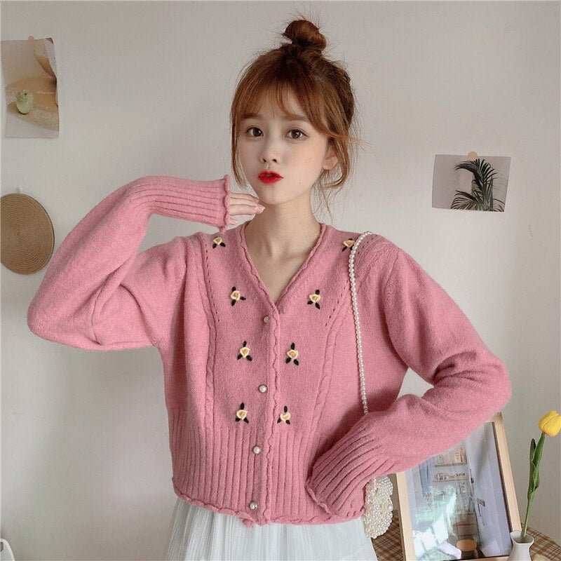 V-neck loose embroidery long-sleeved sweater