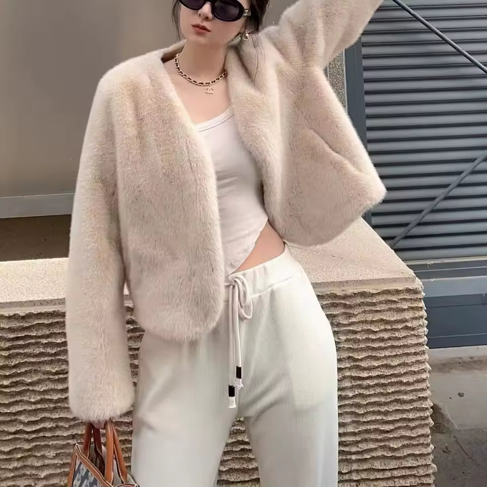 Trendy Open Front Faux Fur Solid Glamorous Warm Coat