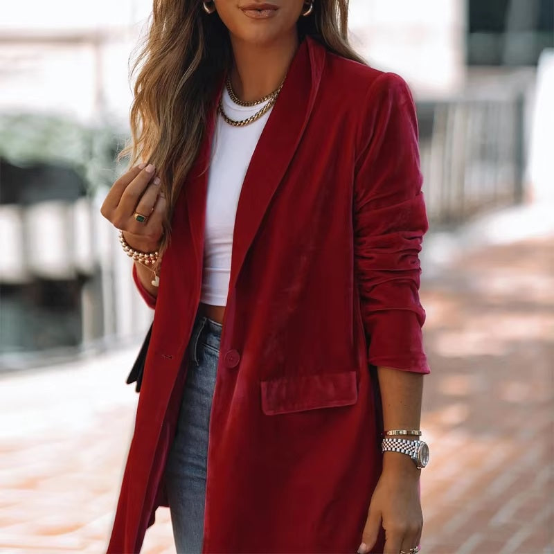 Velour Solid Color Chic Oversized Relaxed Street Outerwear Long Blazer Jacket