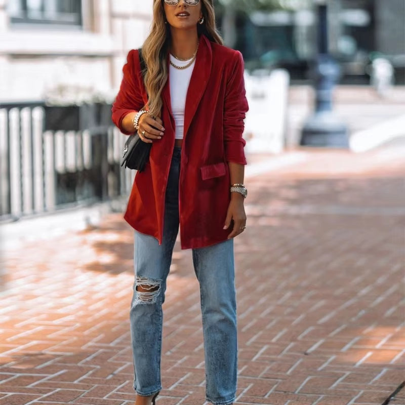 Velour Solid Color Chic Oversized Relaxed Street Outerwear Long Blazer Jacket