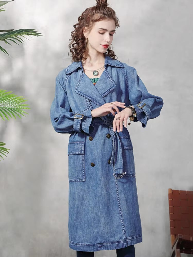 Vintage Belt Big Pockets Double Breasted Jeans Trench Long Coats