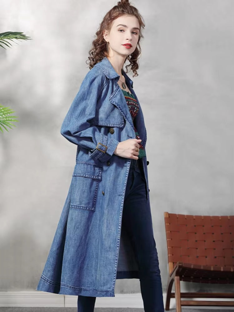 Vintage Belt Big Pockets Double Breasted Jeans Trench Long Coats