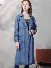 Vintage Belt Big Pockets Double Breasted Jeans Trench Long Coats