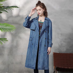 Vintage Belt Big Pockets Double Breasted Jeans Trench Long Coats