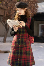 Vintage Button A-line Square Collar Plaid Woolen Mini Dress