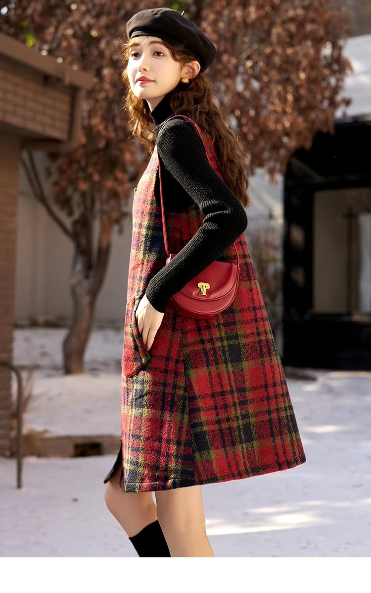 Vintage Button A-line Square Collar Plaid Woolen Mini Dress