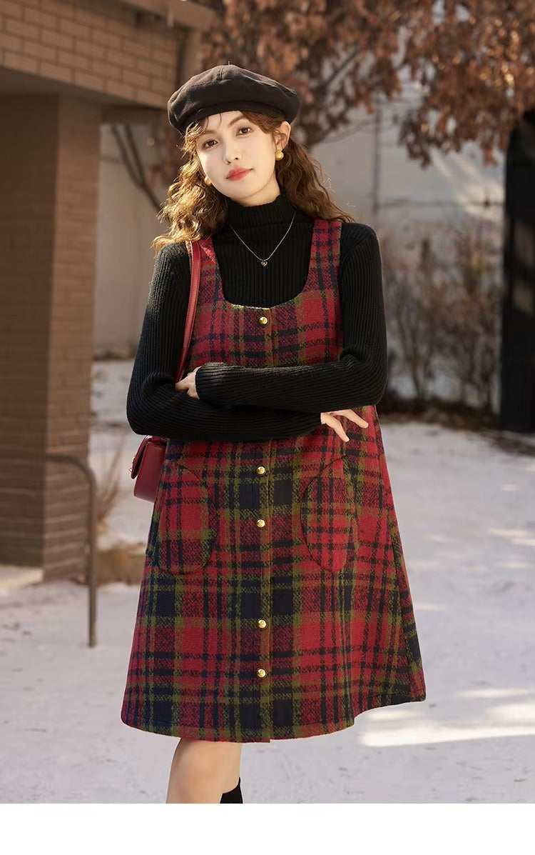 Vintage Button A-line Square Collar Plaid Woolen Mini Dress