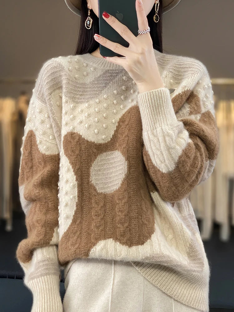 Vintage Chic Thick Pullover Wool O-neck Twist Flower Cashmere Knitwear Sweater