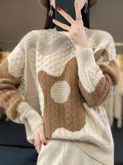 Vintage Chic Thick Pullover Wool O-neck Twist Flower Cashmere Knitwear Sweater