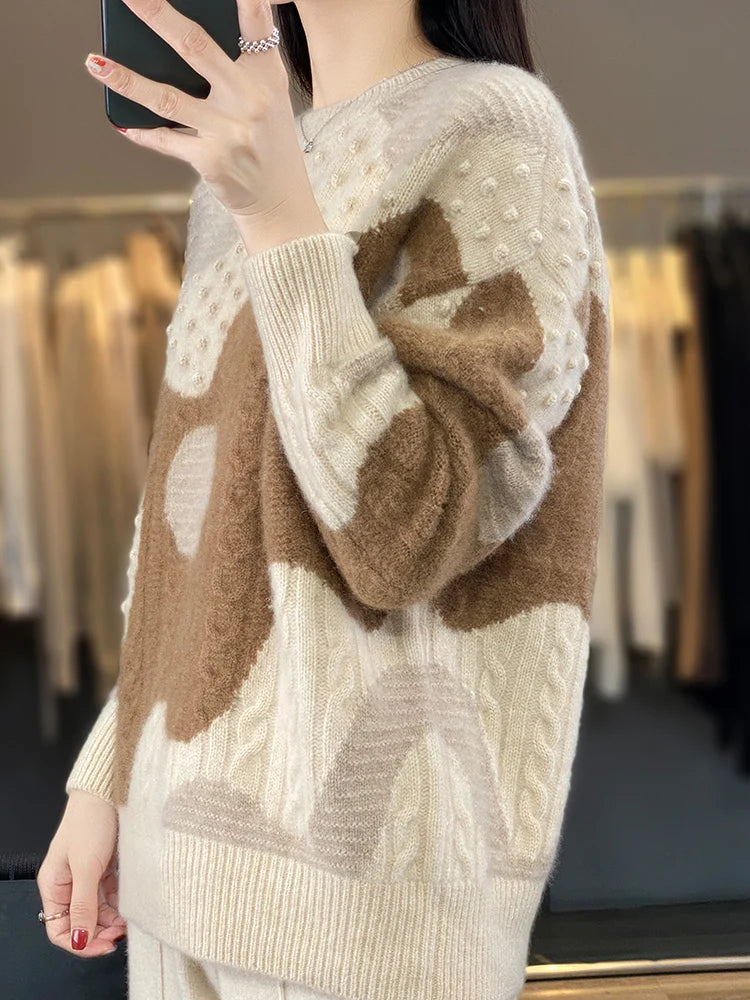 Vintage Chic Thick Pullover Wool O-neck Twist Flower Cashmere Knitwear Sweater
