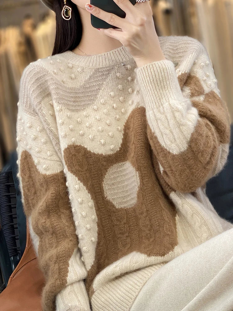 Vintage Chic Thick Pullover Wool O-neck Twist Flower Cashmere Knitwear Sweater