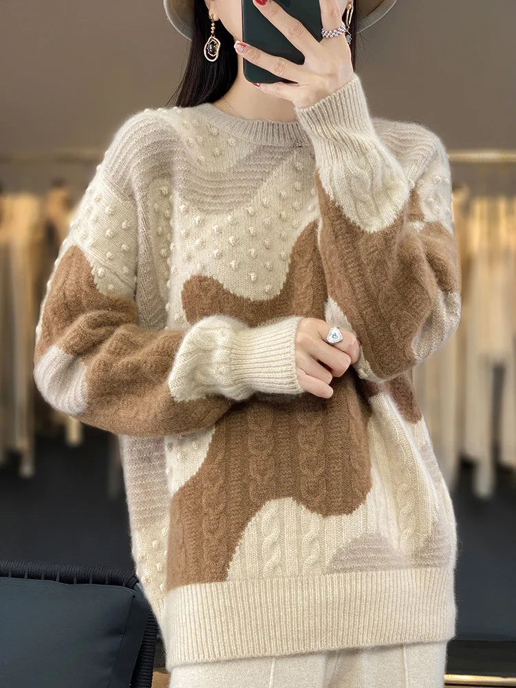 Vintage Chic Thick Pullover Wool O-neck Twist Flower Cashmere Knitwear Sweater