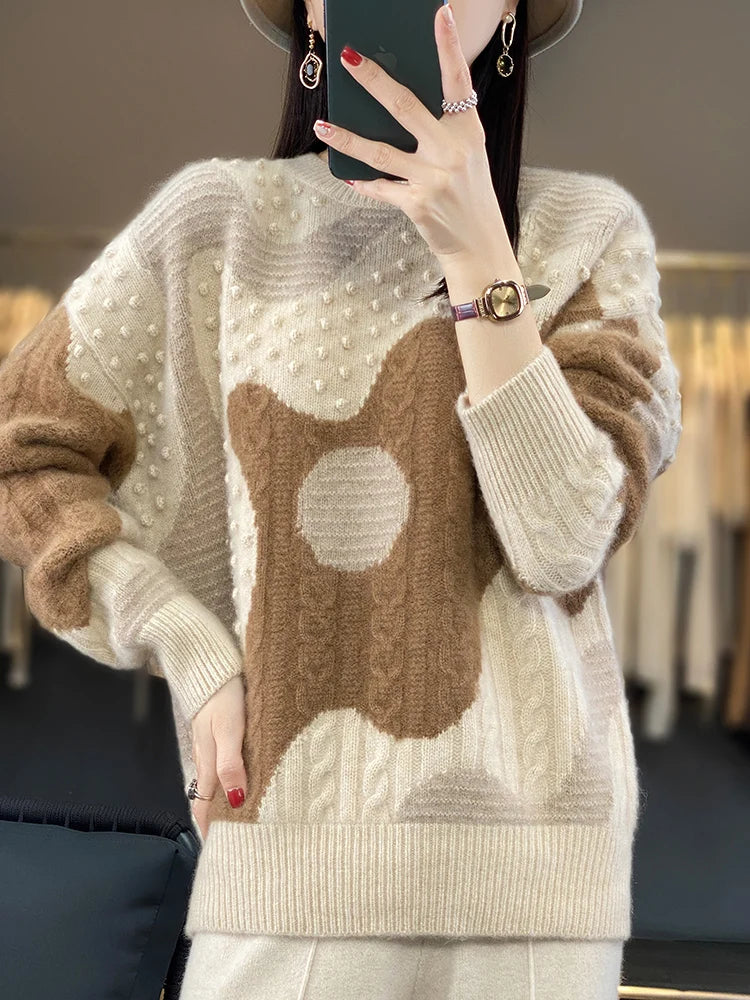 Vintage Chic Thick Pullover Wool O-neck Twist Flower Cashmere Knitwear Sweater