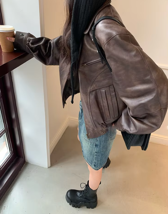 Vintage Cool Retro Zipper Waterproof Distressed Pu Leather Jackets