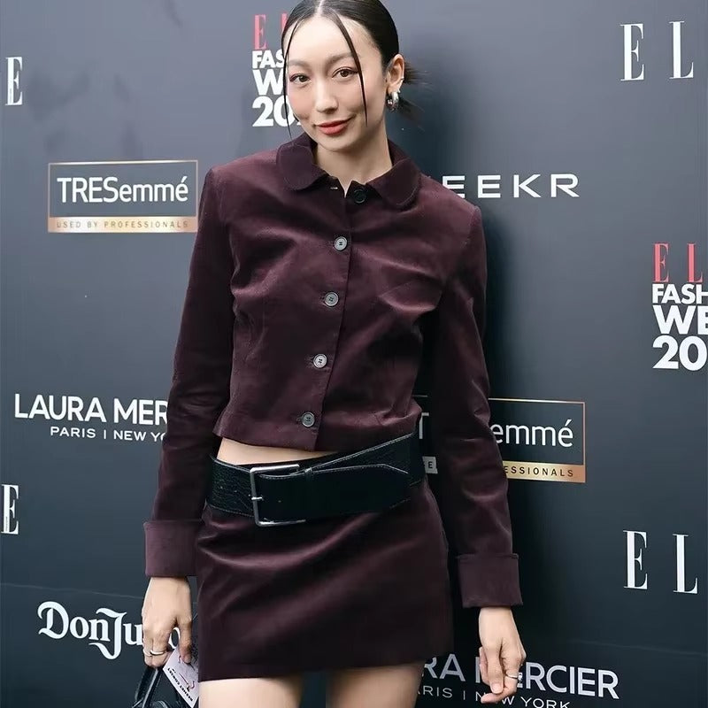 Vintage Solid Lapel Single Breasted Jacket Short zipper fly Skirt With Belt