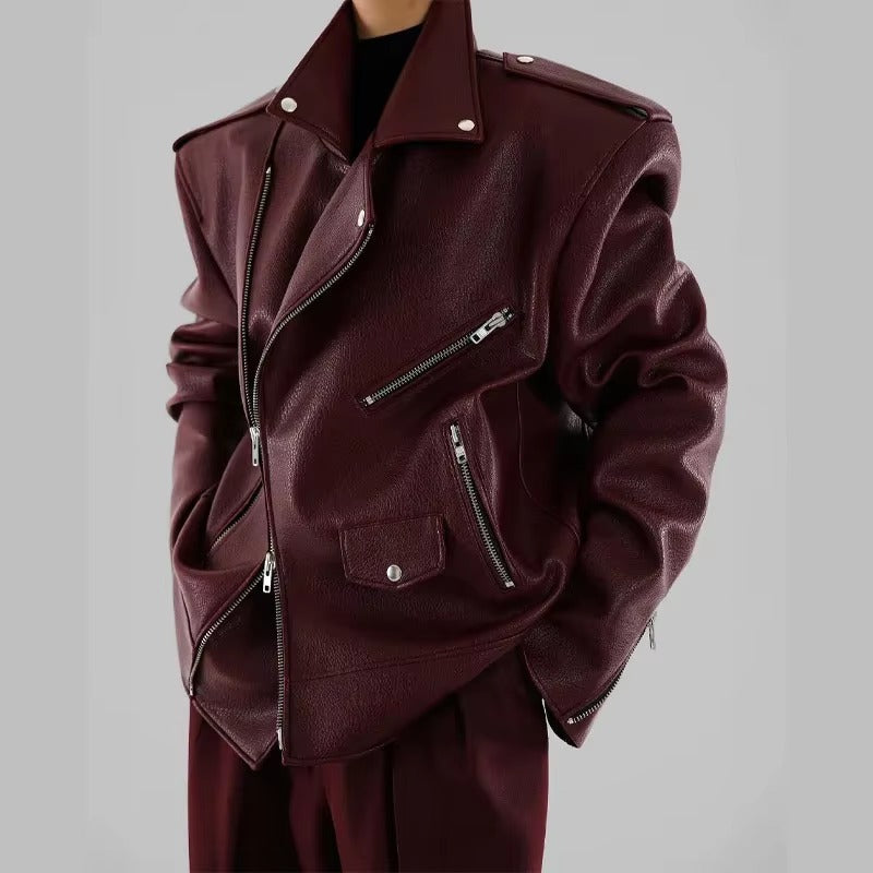 Vintage Double Zipper Long Sleeved Pocket Pu Leather High Street Jacket