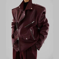 Vintage Double Zipper Long Sleeved Pocket Pu Leather High Street Jacket