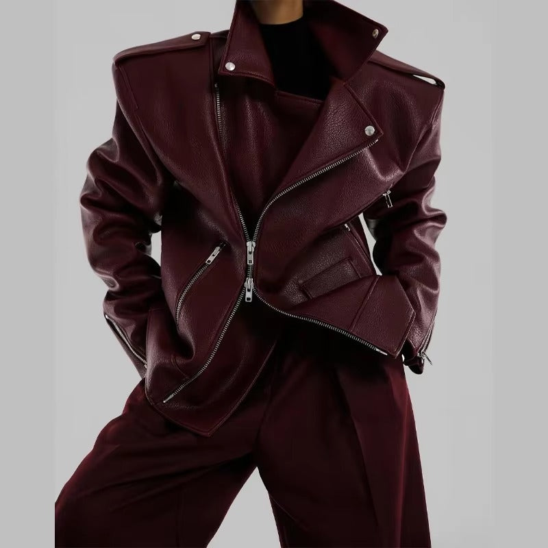 Vintage Double Zipper Long Sleeved Pocket Pu Leather High Street Jacket