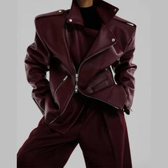 Vintage Double Zipper Long Sleeved Pocket Pu Leather High Street Jacket