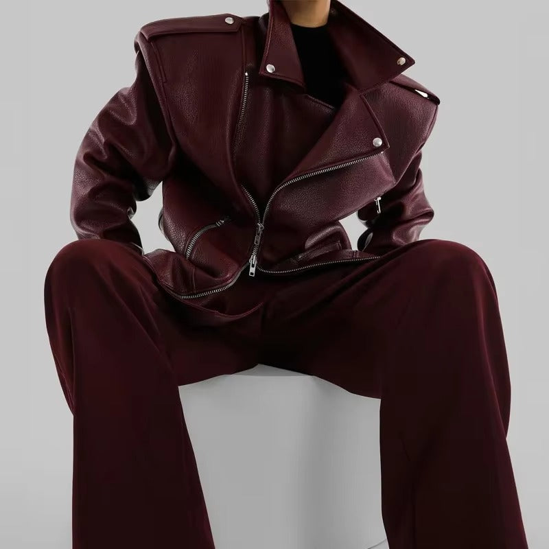 Vintage Double Zipper Long Sleeved Pocket Pu Leather High Street Jacket